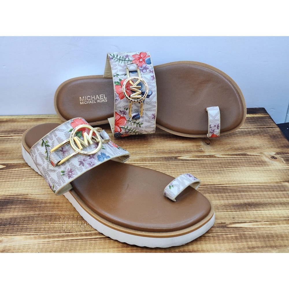 MICHAEL KORS SIGNATURE VERA FLAT‎ THONG SANDAL BROWN SIZE 5.5m Mv20b